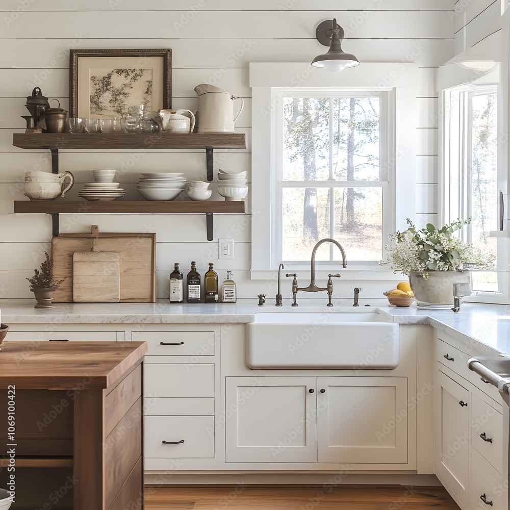 A farmhouse kitchen featuring white shiplap walls, open shelving, and a large farmhouse sink A farmhouse kitchen featuring white shiplap walls, open shelving, and a large farmhouse sink
