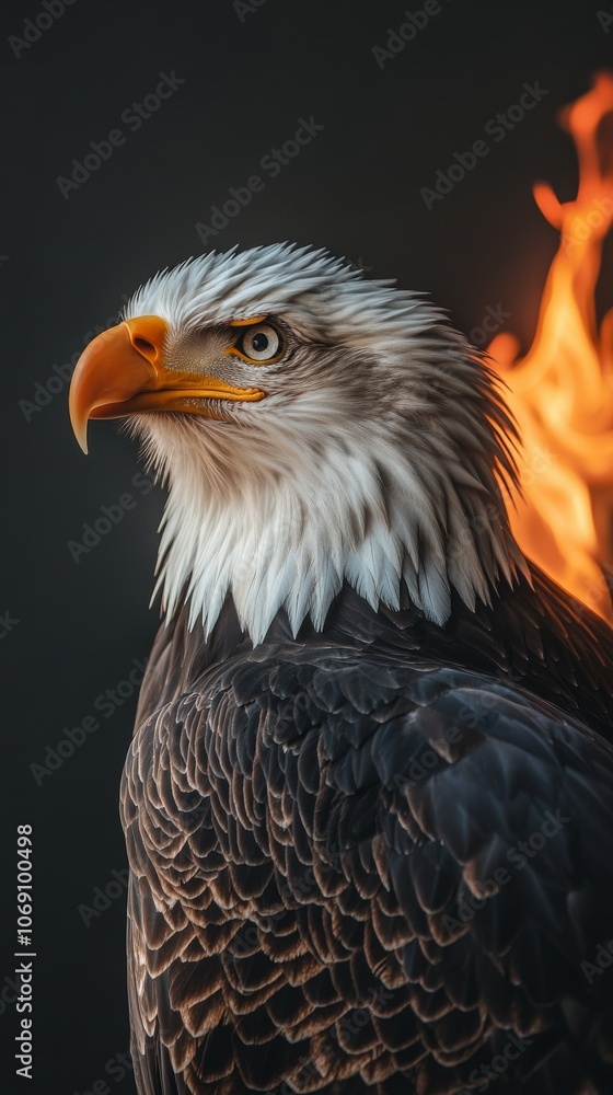 Bald eagle portrait with flames in background, dramatic wildlife concept Bald eagle portrait with flames in background, dramatic wildlife concept