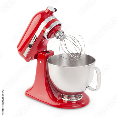 Classic glossy red kitchen mixer for home cooking, appliance from a front view, isolated against a white background. A steel mixing bowl is centered with tilt-head mechanism with whisk