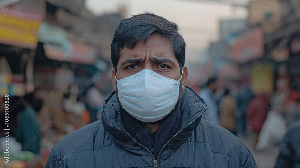 Indian man wears face mask to protect himself from smog and dust in city Indian man wears face mask to protect himself from smog and dust in city