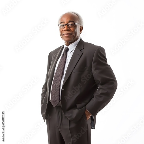 A full-length portrait of a senior African American businessman in formal wear, exuding confidence and professionalism photo