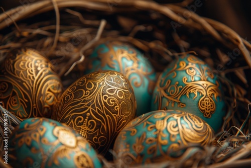 Exquisitely decorated Easter eggs with gold detailing sit in a woven basket, embodying the beauty of traditional Easter crafts.