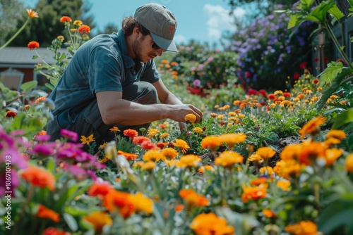 A gardener works carefully in a vibrant flower bed, surrounded by blooming flowers in various colors. The lush greenery and bright blossoms evoke the beauty and serenity of nature.