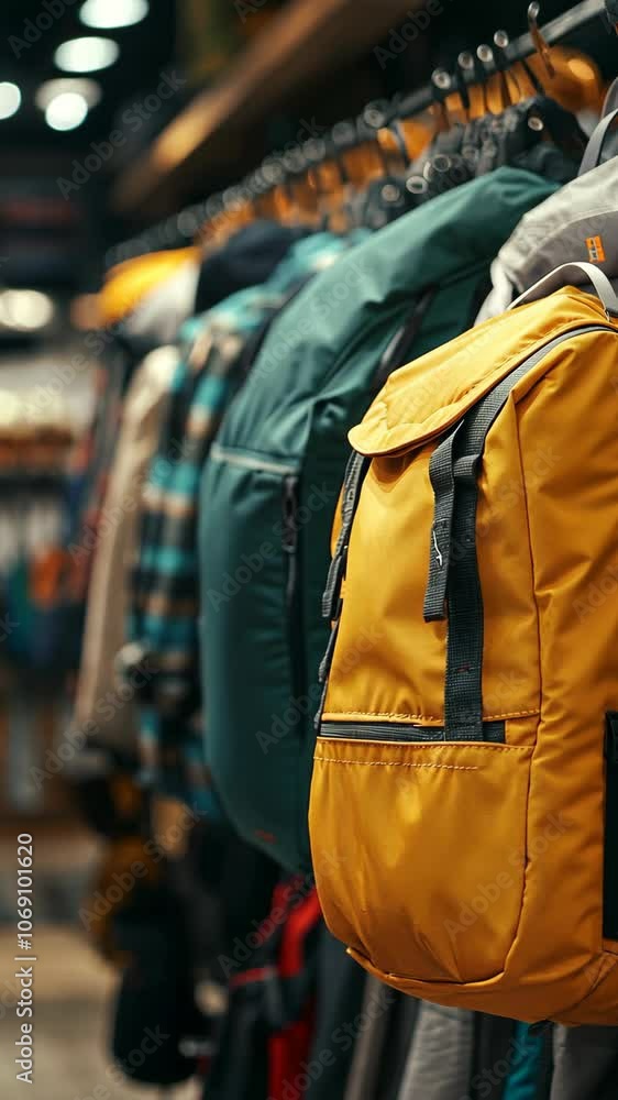 A yellow backpack hangs on a rack in a store, surrounded by other backpacks A yellow backpack hangs on a rack in a store, surrounded by other backpacks