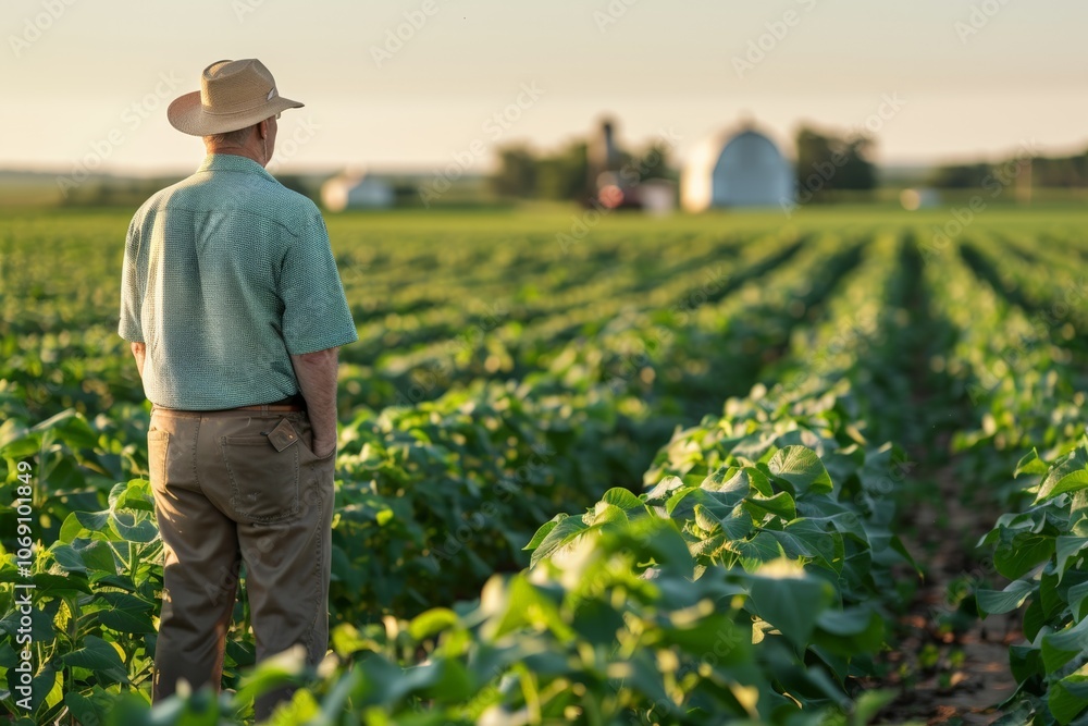 Fototapeta premium A farmer in a wide-brimmed hat stands in a vast field of green crops, gazing over the landscape. The sun sets in the distance, highlighting the quiet beauty of rural life and agricultural work.
