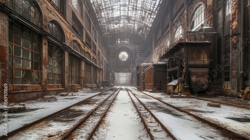 An abandoned industrial space with rusted trains and snow-covered tracks  evoking a sense of decay.