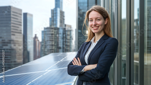 Portrait of businesswoman standing on office roof next to modern solar panels