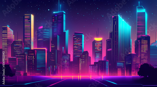 Abstract cyberpunk streets illustration futuristic city at night, skyscrapers and neon lights glow. Cyberpunk. Illustration