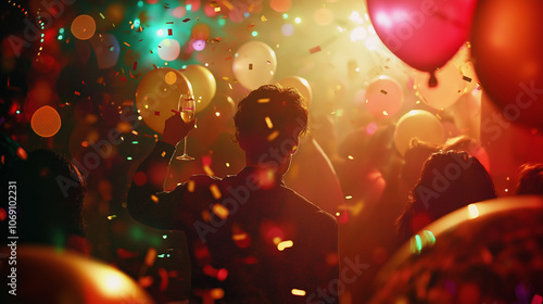  Person Toasting at Colorful Party with Balloons and Confetti