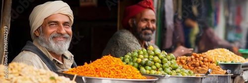 A vendor with various food items displayed at a vibrant market stall, showing the diversity of local culture. photo