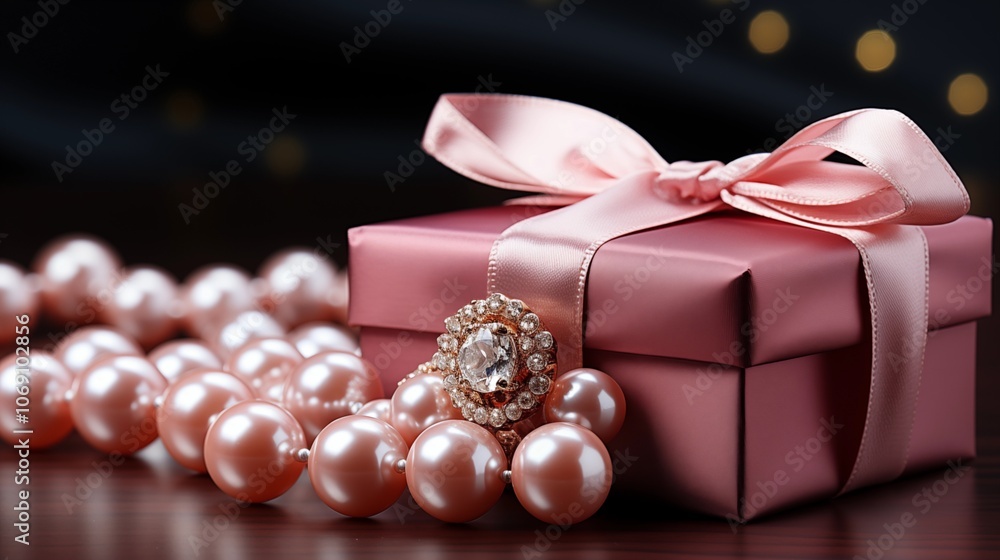 A beautiful pink gift box featuring a delicate pearl necklace, set against a minimalist backdrop. A beautiful pink gift box featuring a delicate pearl necklace, set against a minimalist backdrop.