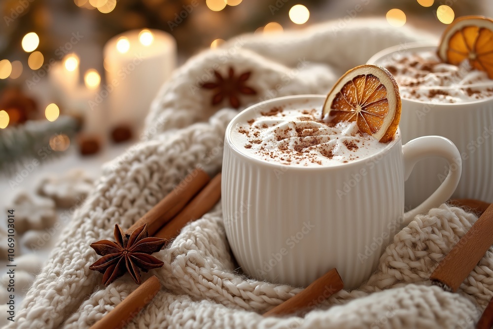 A steaming cup of spiced cocoa, garnished with dried orange, is nestled in a knitted scarf, evoking warmth. A steaming cup of spiced cocoa, garnished with dried orange, is nestled in a knitted scarf, evoking warmth.