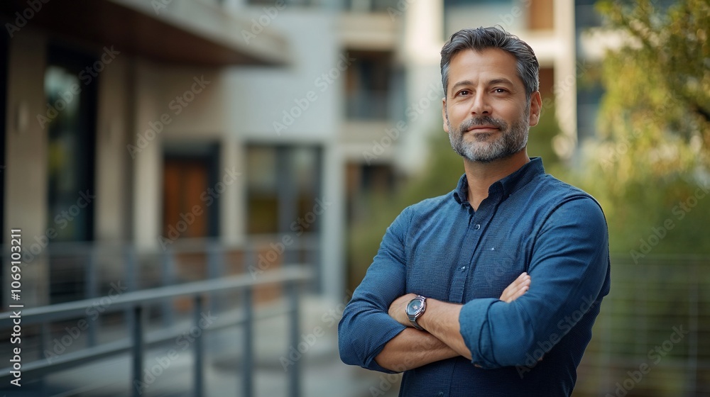 A confident middle-aged man with a beard stands with arms crossed, looking directly at the camera in an urban setting. A confident middle-aged man with a beard stands with arms crossed, looking directly at the camera in an urban setting.