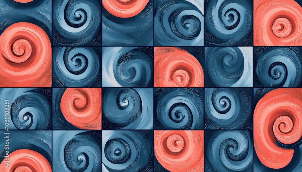 Seamless pattern featuring coral and midnight blue spirals on square tiles for upscale decor. Seamless pattern featuring coral and midnight blue spirals on square tiles for upscale decor.
