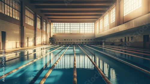 Indoor swimming pool basking in golden sunlight with clear blue