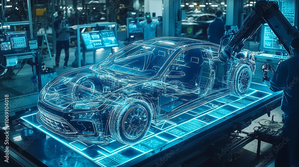 Futuristic Car Production Line with Robotic Arm and Holographic Display Showcasing High-Tech Automotive Design in Transparent Digital Screen Futuristic Car Production Line with Robotic Arm and Holographic Display Showcasing High-Tech Automotive Design in Transparent Digital Screen
