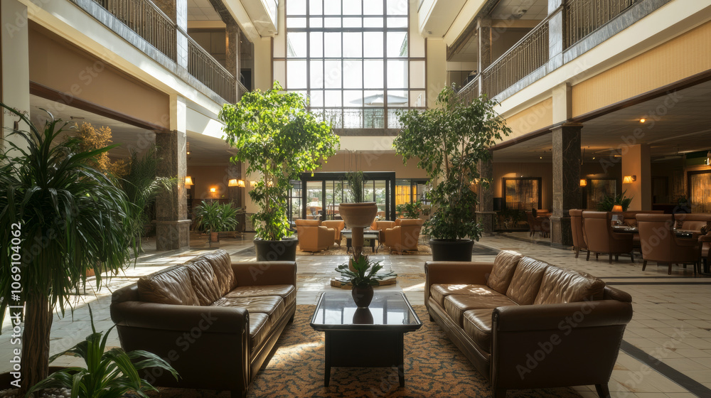 Fototapeta premium A stylish hotel lobby with a luxurious conference room, spa, and restaurant is waiting for guests. The cozy and inviting atmosphere makes it feel like a relaxing resort.