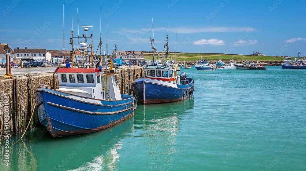 Scenic view of fishing boat docked by a tranquil harbor under a clear blue sky. Scenic view of fishing boat docked by a tranquil harbor under a clear blue sky.