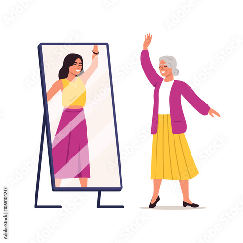 Vector illustration of a smiling elderly woman looking at her reflection in the mirror. Cartoon scene of an elderly woman looking in the mirror and seeing a young girl isolated on a white background.
