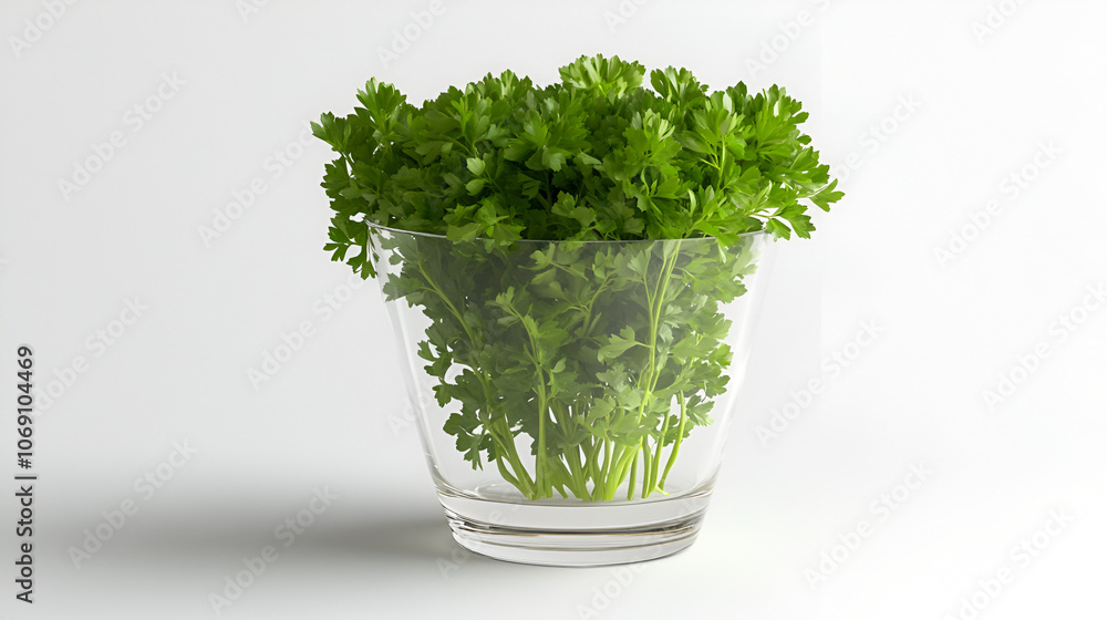 Green curly parsley in a jar with water on wooden table.
Green curly parsley in a jar with water on wooden table.