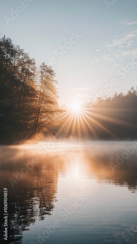 Tranquil Sunrise Over Foggy Lake