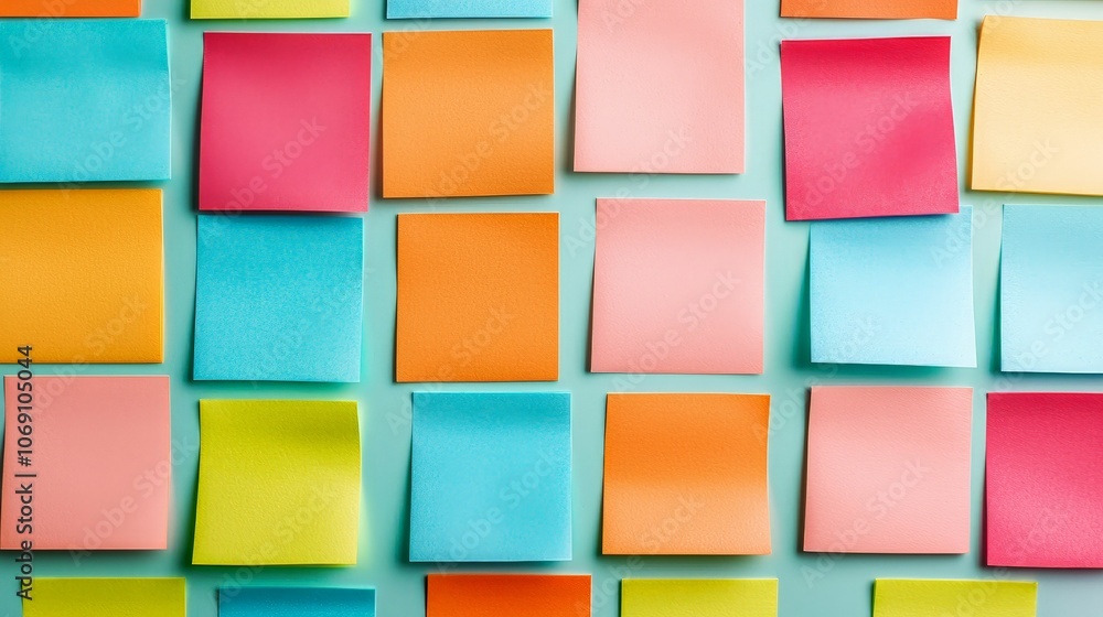 A vibrant array of colorful sticky notes arranged neatly on a surface, showcasing organization and creativity. A vibrant array of colorful sticky notes arranged neatly on a surface, showcasing organization and creativity.