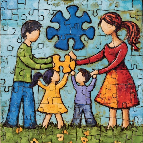 A heartfelt depiction of a family engaged in supportive activities, holding hands and working together on a puzzle that symbolizes the autism spectrum photo