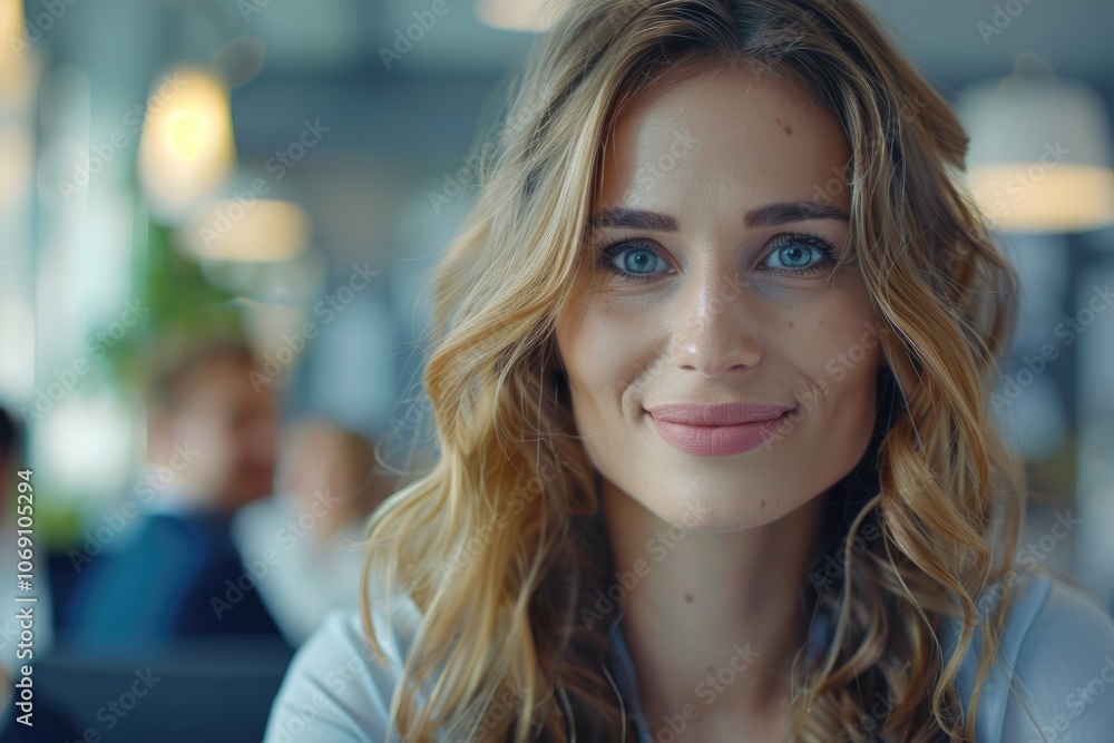 Fototapeta premium Portrait of a happy businesswoman in office with colleagues in background