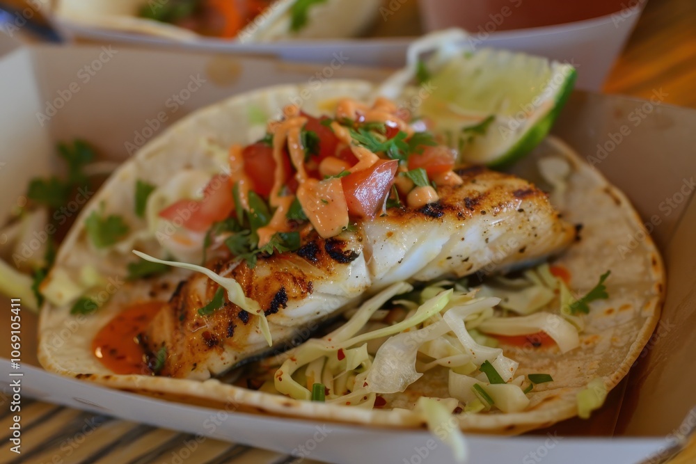 Grilled fish tacos served with purple cabbage and a creamy sauce, garnished with fresh cilantro, against a blurred outdoor background Grilled fish tacos served with purple cabbage and a creamy sauce, garnished with fresh cilantro, against a blurred outdoor background