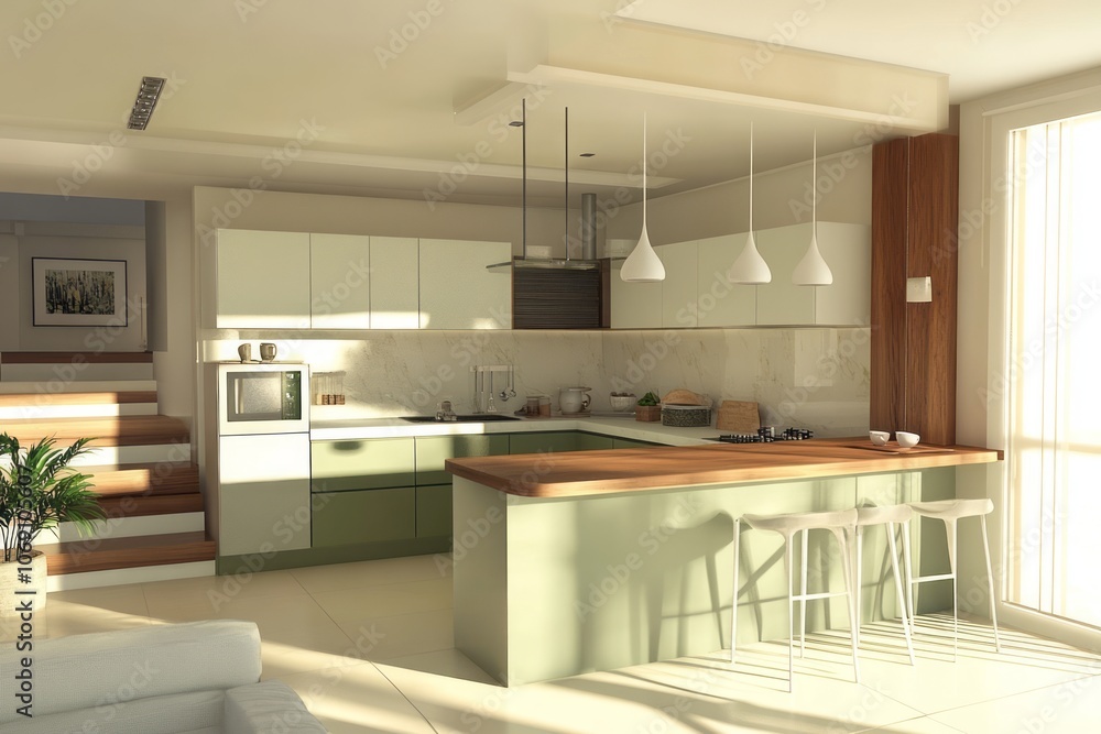 Modern Kitchen with Green Cabinets and Wooden Countertop Modern Kitchen with Green Cabinets and Wooden Countertop