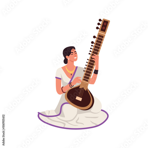 Vector illustration of a beautiful girl playing the sitar. Cartoon scene of a smiling girl in a traditional Indian costume with jewelry sitting and playing the sitar isolated on a white background.