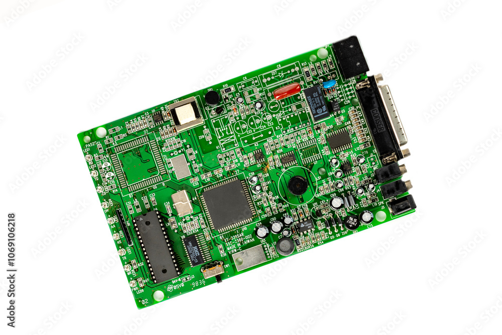 Electronic board with radio components, connectors, slots and processor chip from electronic device isolated on white background. Top view. Electronic board with radio components, connectors, slots and processor chip from electronic device isolated on white background. Top view.