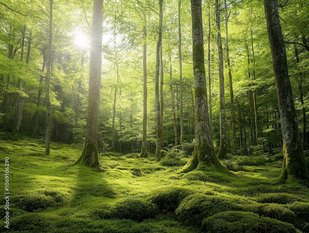 calm green forest scene filled with tall, lush trees and a carpet of soft moss, dappled sunlight filtering through the leaves, creating a tranquil and peaceful environment calm green forest scene filled with tall, lush trees and a carpet of soft moss, dappled sunlight filtering through the leaves, creating a tranquil and peaceful environment