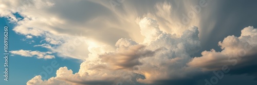 White and gray clouds fill the sky, with the sun shining through, creating a dramatic and beautiful scene