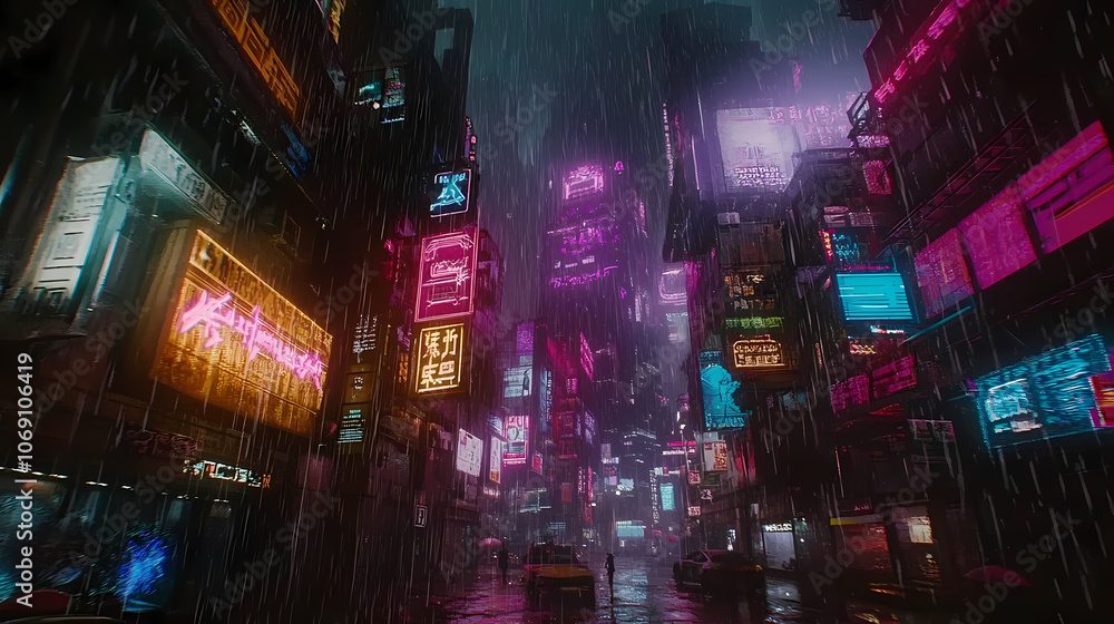 Naklejka premium Bustling cyberpunk night scene: neon signs illuminate towering buildings, raindrops dance on the pavement, capturing the essence of a futuristic metropolis. Cyberpunk. Illustration