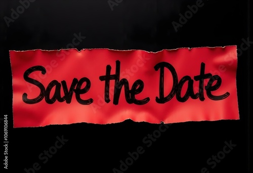 Save the date message written on ripped torn red paper with black background. Conceptual save the date symbol. 