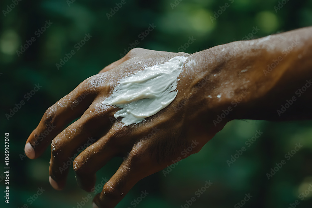 Close-up of a hand applying cream to the body, emphasizing skincare and self-care. Close-up of a hand applying cream to the body, emphasizing skincare and self-care.