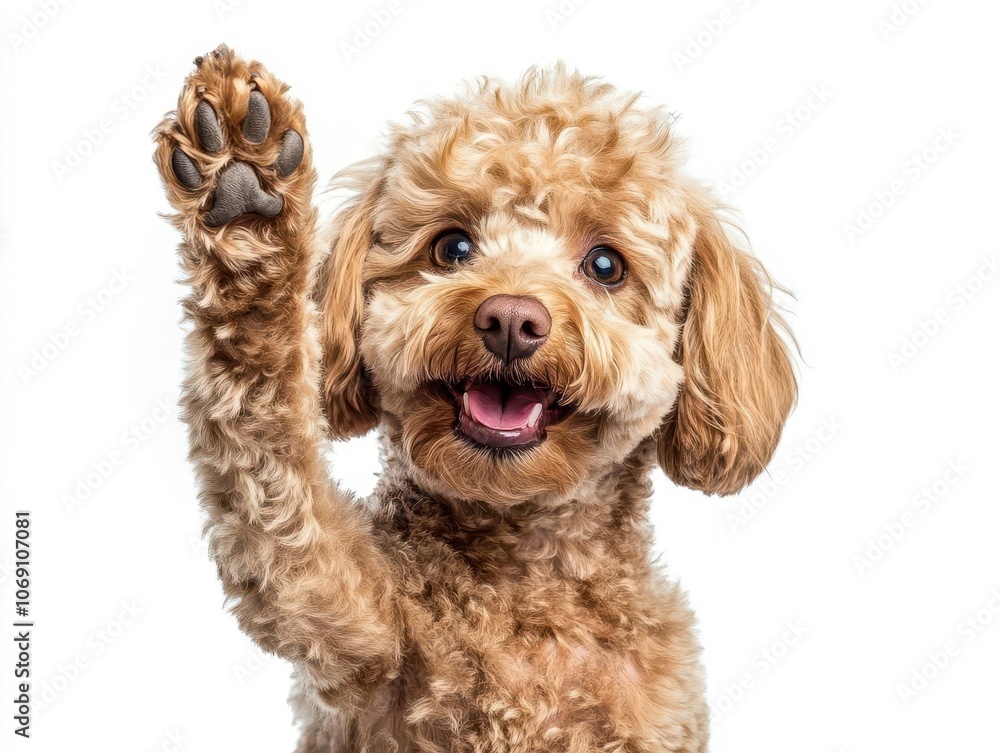 adorable toy poodle sitting happily, giving a paw with a joyful expression, captured in a clean white background, radiating cuteness and the essence of companionship and love adorable toy poodle sitting happily, giving a paw with a joyful expression, captured in a clean white background, radiating cuteness and the essence of companionship and love