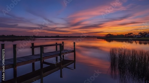 A lakeside at twilight with calm water, vibrant sky reflections, and a wooden pier.