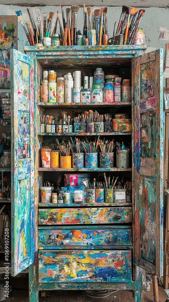 Obraz premium Colorful Art Cabinet Filled with Supplies and Brushes