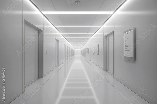 Long sterile clinic corridor with bright white lighting  minimalist walls  room number signs  and direction indicators.