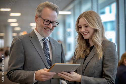 Businesswoman and businessman in suits standing close together and smiling while looking at tablet