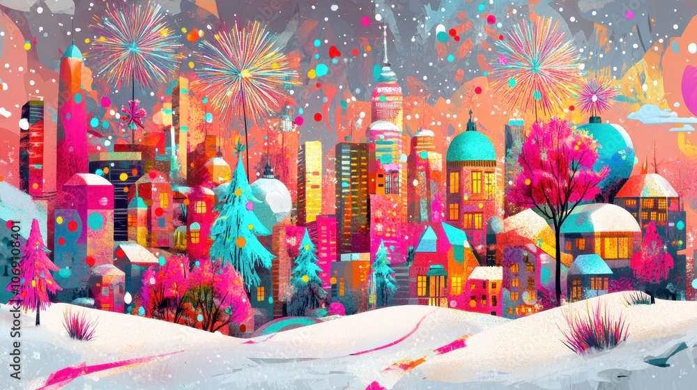 Fototapeta premium Vibrant illustration of a snowy town with colorful buildings, festive fireworks in the sky, and a warm holiday atmosphere at sunset.