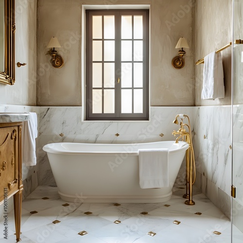 A luxurious bathroom featuring elegant marble floors, a freestanding tub, and opulent gold fixtures. The design creates a sophisticated and indulgent space, perfect for relaxation and comfort. photo