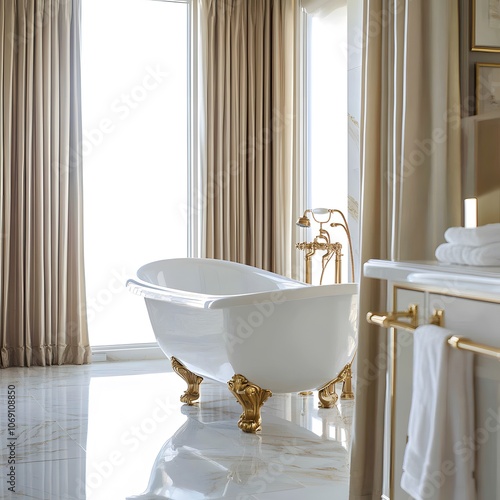 A luxurious bathroom featuring elegant marble floors, a freestanding tub, and opulent gold fixtures. The design creates a sophisticated and indulgent space, perfect for relaxation and comfort. photo