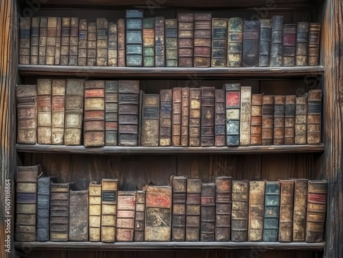 ancient library wall adorned with rows of weathered books and historical manuscripts, rich wooden shelves creating an atmosphere of knowledge and timelessness photo