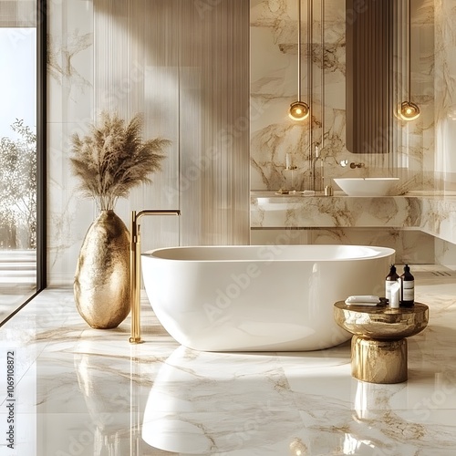 A luxurious bathroom featuring elegant marble floors, a freestanding tub, and opulent gold fixtures. The design creates a sophisticated and indulgent space, perfect for relaxation and comfort. photo