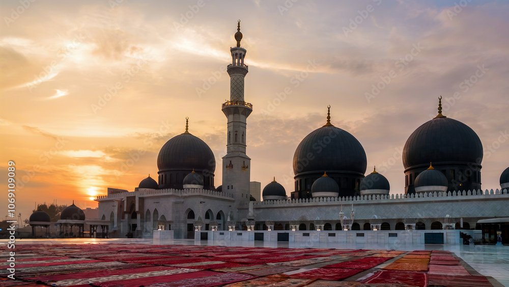 Fototapeta premium A peaceful pre-dawn view of Masjid Al-Haram, with a soft light illuminating its minarets and domes, reflecting the serene atmosphere in Makkah.