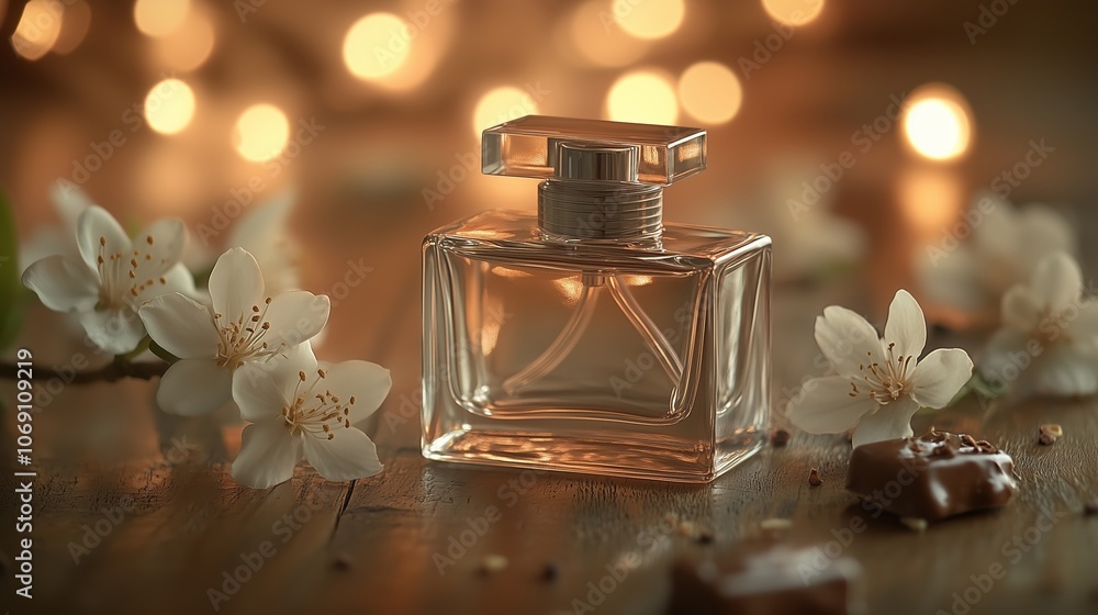 Elegant glass perfume bottle surrounded by blossoms and chocolate on a wooden table illuminated by warm candlelight Elegant glass perfume bottle surrounded by blossoms and chocolate on a wooden table illuminated by warm candlelight