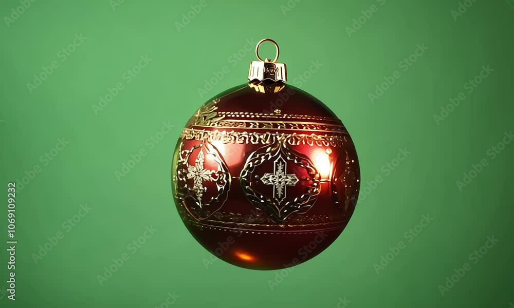 Spinning ornament red and gold christmas bauble decoration on green screen background Spinning ornament red and gold christmas bauble decoration on green screen background